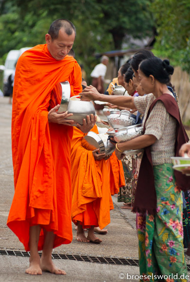 Mnche empfangen Almosen am Morgen, Thailand